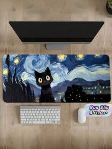1 st Diatomit Van Gogh Stjärnnatt kattmönster minimalistisk svart yta utökad tangentbordsunderlägg för kontor och gaming halkfri vattentät stor - Stjärnkatt - Visa 1