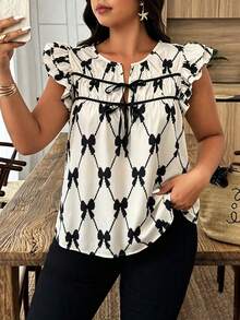 Weeklong Plus Size Faux Linen Contrast Color Bow Pattern Shirt - Black and White - View 1