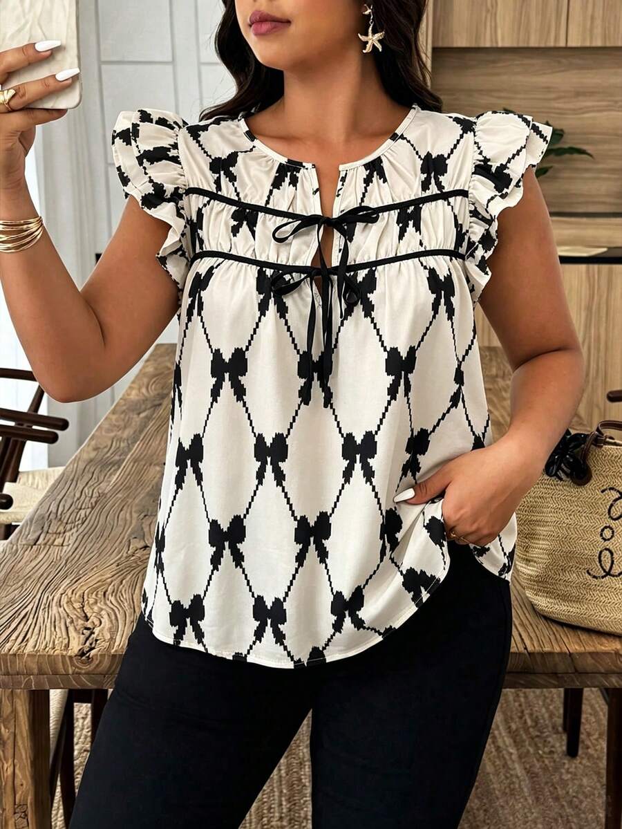 Weeklong Plus Size Faux Linen Contrast Color Bow Pattern Shirt - Black and White - View 1