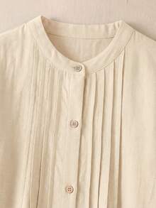 Rusticease Women's Summer Casual Teachers' Day Daily Vacation Brunch Office Commute Minimalist Solid Color Roll Tab Sleeve Pleated Loose Button-Front Dress - Apricot - View 5