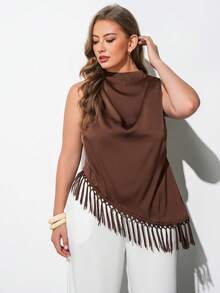 Maija Blusa de talla grande color marrón chocolate, otoño, elegante, sin mangas, cuello drapeado, dobladillo asimétrico con flecos, estilo old money, invitada a boda, casual de negocios - Marrón - Ver 3