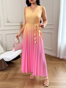 Seusyu Women's Summer Gradient V-Neck Sleeveless Fashion Versatile Long Dress Holiday - Pink - View 6