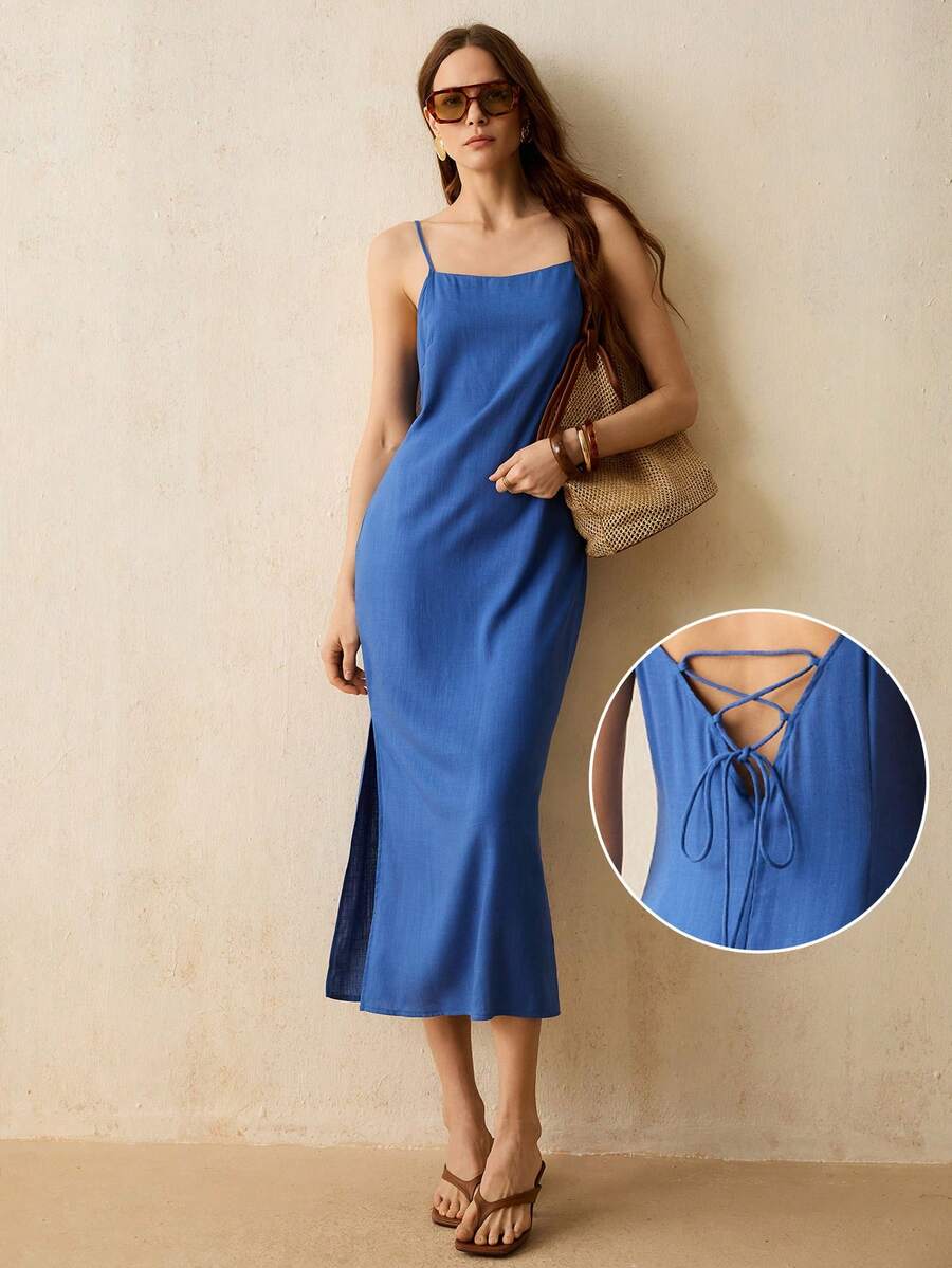 CielaLinda Women's Linen Spaghetti Strap Back Tie Long Midi Dress Vacation Blue Summer Elegant - Blue - View 1