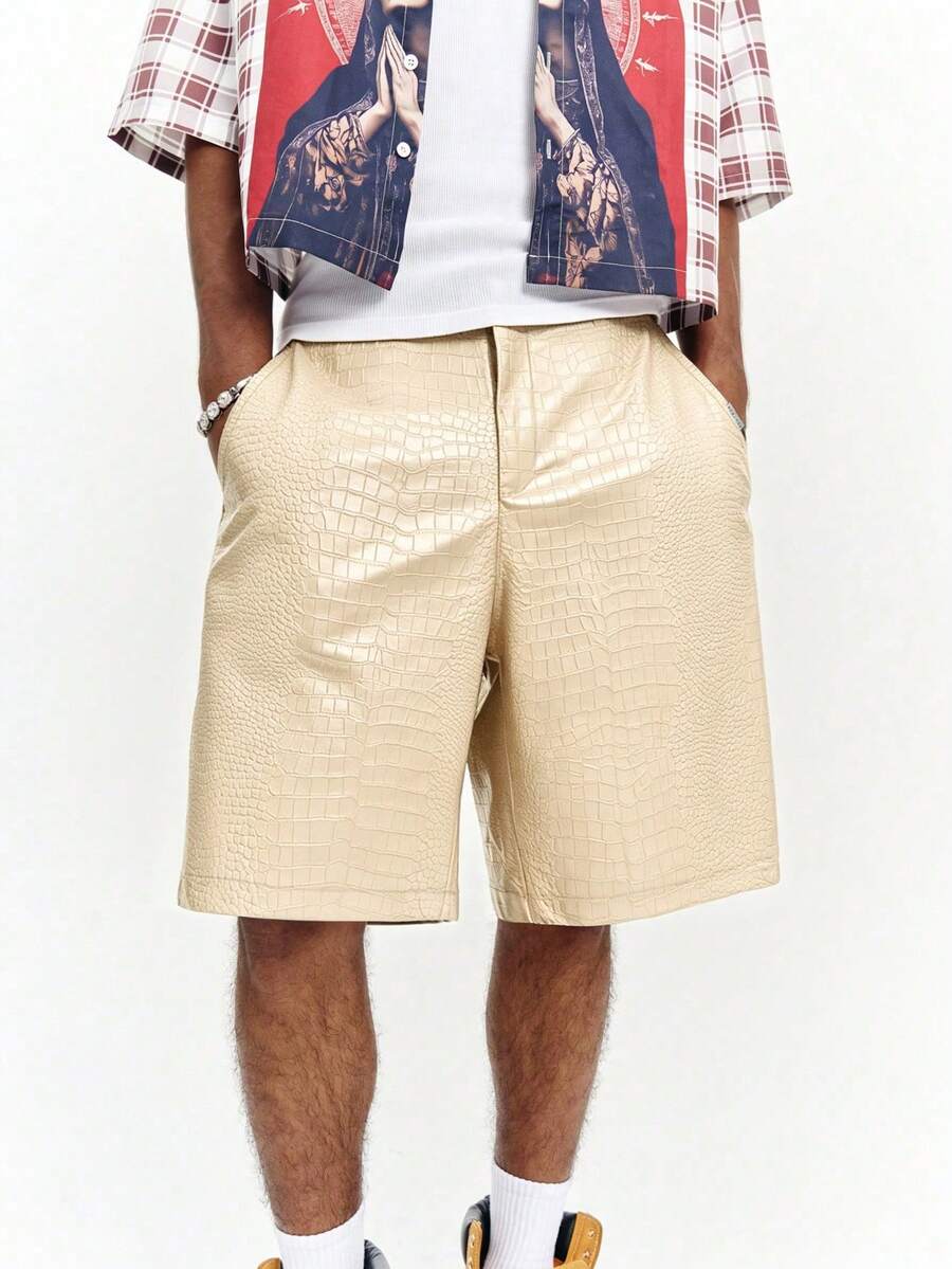 PAVTROS Men's Crocodile Pattern PU Leather Shorts, Fashion Versatile Knee-Length Shorts, Holiday - Beige - View 1