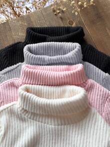 SHEIN Emery Rose Kids 4件/組少女高領羅紋針織休閒T恤，高彈性翻領底層T恤女童秋季服裝，適合日常休閒出遊 - 彩色 - 查看 4
