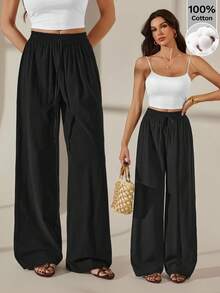 SHEIN Tall Women's Solid Color Casual Straight-Leg Pants Winter Black Spring - Black - View 1