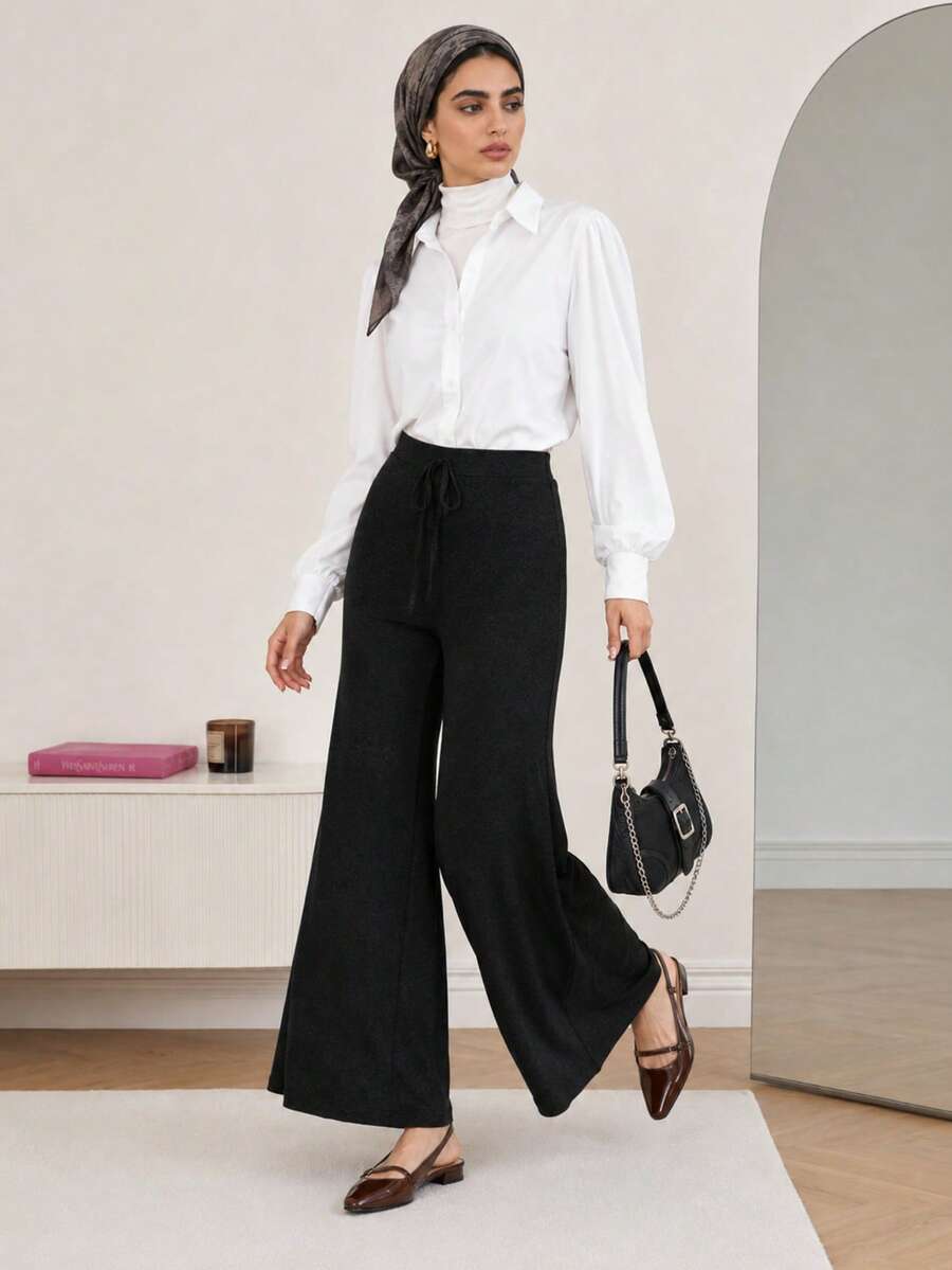 Solavon Women Drawstring Straight Loose Wide Leg Casual Pants, Daily Street Style Black - Black - View 1