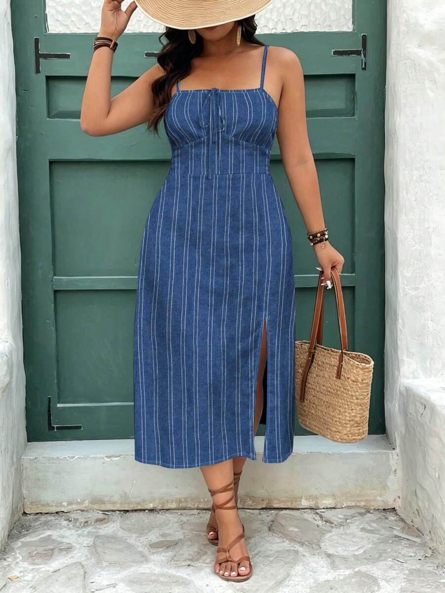 SHEIN Frenchy Casual Minimalist Style Faux Texture Dark Blue Fine Stripe All-Over Print Pattern Plus Size Women's Midi Dress Suitable For Spring/Summer Vacation - Multicolor - View 1