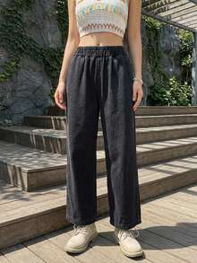 DAZY Elastic Waist Wide Leg Jeans - Black - View 16