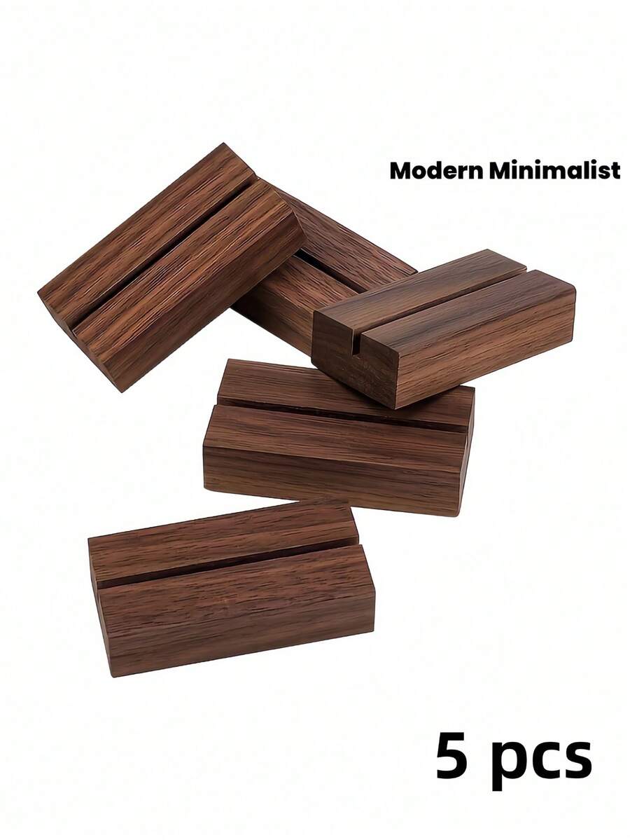 5PCS Pine Wood Business Card Holder Coffee Brown Minimalist Design Desktop Menu Photo Postcard Display Stand Rustic Office Desk Table Decor Restaurant Home Organizer Business Card Holder