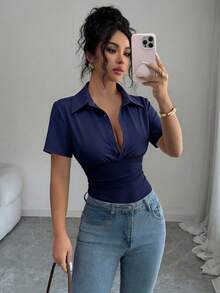 Selianne Women's Vintage Sexy Bodysuit, Slimming Fit, Elegant High-End Comfortable Versatile Fashion White Bodysuit - Royal Blue - View 4