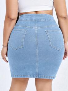 Flexra Plus Size Solid Stretchy Knit Color Denim Bodycon Skirt With Pockets, Summer Formal Light Blue Casual - Light Wash - View 2