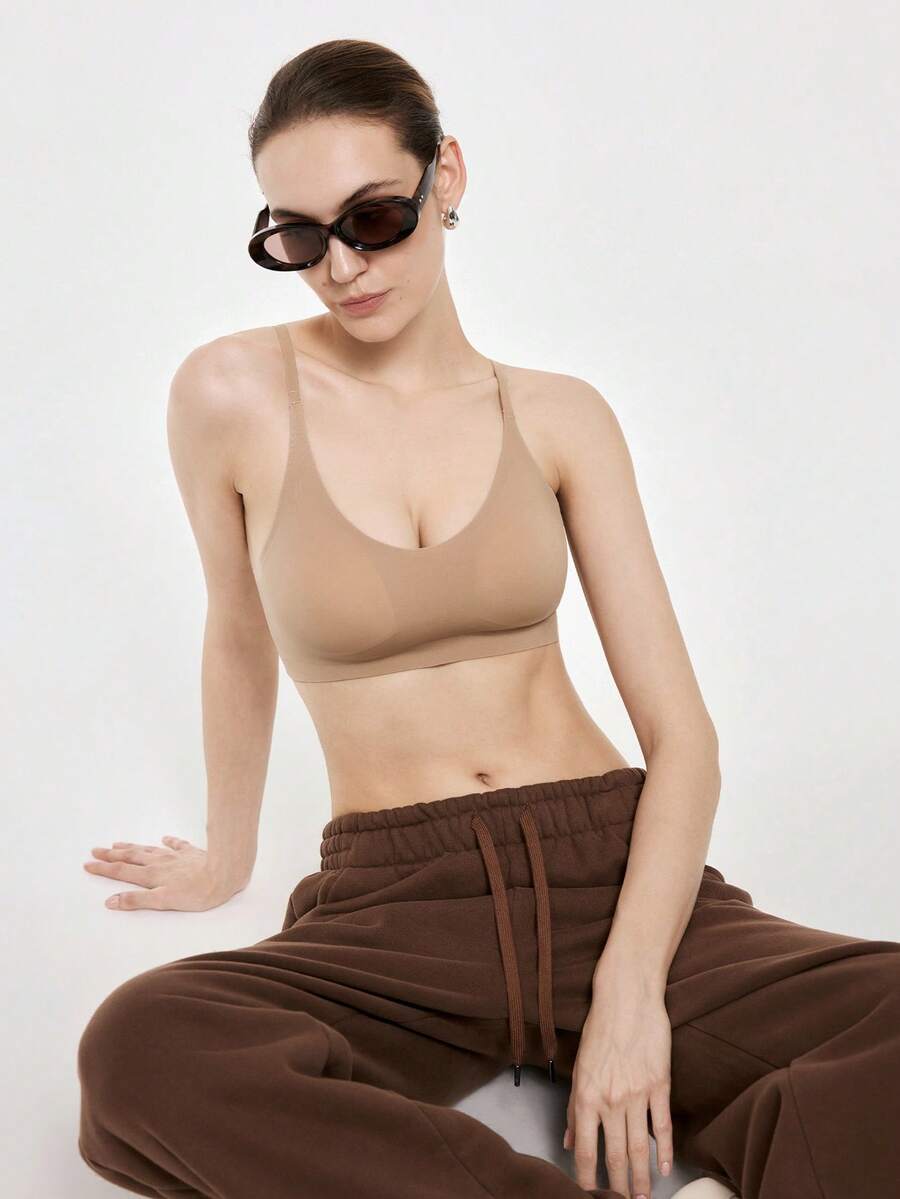 Bralution 女士纯色细肩带无钢圈文胸 - 咖啡棕 - 查看 1