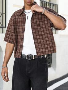 Manfinity Roghcode Men's Plus Size Summer Vintage Plaid Front Button Short Sleeve Shirt - Brown - View 3
