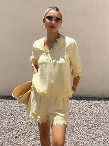 Livesso Spring Summer Yellow Patchwork V-Neck Short Sleeve Loose Top Casual Shorts Women 2pcs Set Vacation - Yellow - View 1