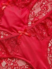 Charlaine Low Waist Lace 3D Bow Decor Triangle Panties (3pcs/Set) - Red - View 4
