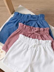 Baby Girl Casual Summer Versatile Solid Color Elastic Waist Shorts 3 Pieces Set - Multicolor - View 4