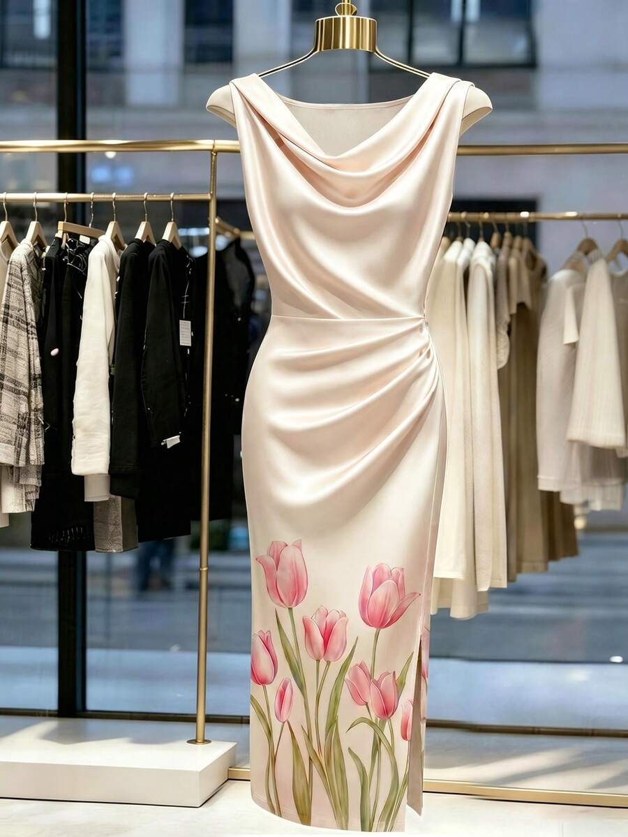 SHEIN Franclia 女款春夏優雅浪漫出遊約會洋裝,緞面圓點印花,荷葉領,無袖百褶裙 - 彩色 - 查看 1