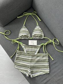 Vaytide 女款海灘裝紋理多彩條紋圖案面料淡粉色珠飾裝飾時尚休閒度假甜美女款掛脖比基尼平口短褲3件套 - 彩色 - 查看 2