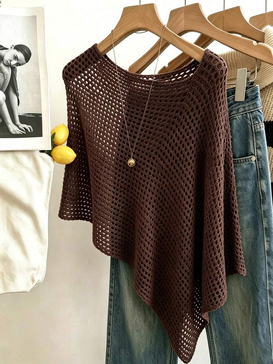 SHEIN Holidaya 女款素色鏤空落肩不對稱下擺寬鬆毛衣 - 咖啡棕 - 查看 1