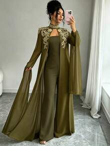 Elenzga Bộ đồ jumpsuit nữ 2 món kèm khăn choàng ren màu vàng - xanh quân đội - Xem 7