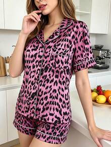 Teen Girls Classic Leopard Print Collar Short Sleeve Shorts Comfortable 2 Pieces Pajama Loungewear Set - Multicolor - View 5
