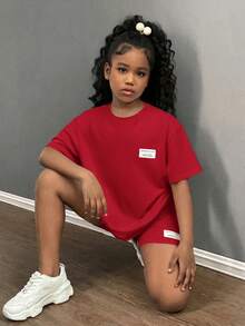 SHEIN 青少年女孩休閒時尚街頭風寬鬆T恤與緊身單車褲兩件組 - 紅色 - 查看 4