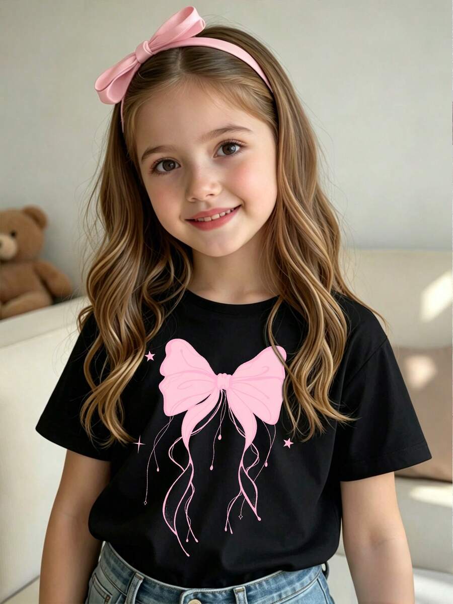 Elladie kids 女童春夏款粉色蝴蝶結愛心圖案印花休閒基礎短版T恤,舒適日常穿著,溫馨夏秋風格上衣 - 黑色 - 查看 1
