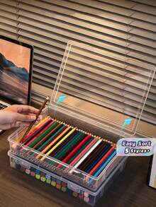 1/2PCS Large Capacity Clear Plastic Desk Organizer Pen Pencil Marker Crayon Holder Storage Box Caddy Container For School Office Home Students Teens Back To School Gift Supplies Must Haves - transparent - View 1