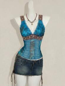 SHEIN ICON Áo tank top nữ ôm sát cổ chữ V màu nâu, phối ren họa tiết da báo, phong cách vintage Y2K thiên niên kỷ gợi cảm hot girl - Màu xanh lam - Xem 3