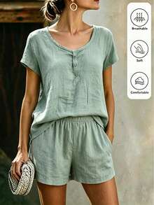 SHEIN Holidaya Women's Sage Green Summer Boho Casual Vacation Holiday Pure Cotton Linen Two Piece Set,Short Sleeve Loose Top Shorts Wide Leg Pants Set Vacation - Green - View 1