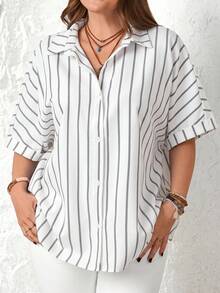 Rosumi Plus Size Short Sleeve Drop Shoulder Front Button Loose Casual Striped Shirt - White - View 3