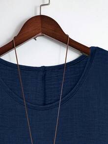 Linhara 大尺碼休閒素色蝙蝠袖上衣與長褲2件套，附蕾絲設計，適合日常穿著，黑色套裝，亞麻材質2件/套，夏季女裝，海灘女裝 - 藍色 - 查看 6