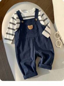 SHEIN Baju Terusan Rajut Lengan Panjang Bergaris Motif Kartun Kasual Lucu untuk Bayi Laki-laki Baru Lahir - Navy Blue - View 3