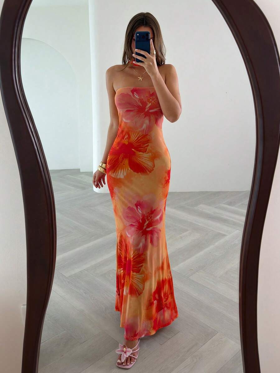 Opulessa Knitted Mesh Print Bandeau Slim Fit Dress For Women - Burnt Orange - View 1