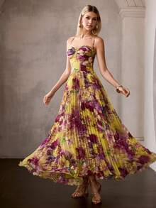 MOTF PREMIUM ELEGANT WOMEN'S SPAGHETTI STRAP MAXI PARTY GOWN WITH RANDOM FLORAL PRINT PLEATED FABRIC, SPAGHETTI STRAP DESIGN FOR VALENTINE'S DAY, EVENING GALAS, WEDDING GUEST ATTIRE, ANNIVERSARY CELEBRATIONS, PROM NIGHTS, HOLIDAY BASHES, ELEGANT BIRTHDAY CELEBRATIONS - Multicolor - View 4