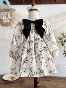 LMoss Kids 女嬰編織碎花圓領泡泡袖休閒洋裝 - 黑與白 - 查看 3