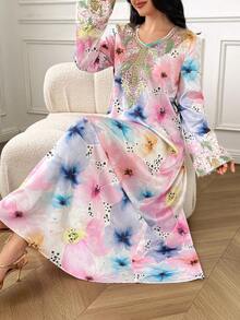 Yasmyna Women's Floral Print V-Neck Long Sleeve Elegant Abaya Holiday - Multicolor - View 2