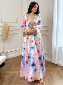 Yasmyna Women's Floral Print V-Neck Long Sleeve Elegant Abaya Holiday - Multicolor - View 7