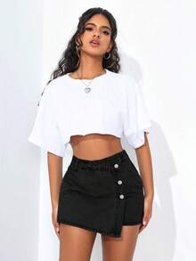 SHEIN ICON Festival 大尺碼女款夏季深色水洗無彈力時尚性感裙褲套裝，適合約會之夜 - 深灰色 - 查看 4