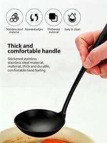 6Pcs Stainless Steel Serving Utensil Set, Including Soup Spoons, Serving Spoons, And Serving Spatulas, Suitable For Home Kitchens, Hotel Buffets, And Banquets. - Black - View 10