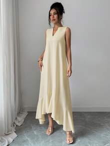 Elenzga Sommer Ärmellos Kunstleinen Hellkhaki V-Ausschnitt Asymmetrischer Rüschensaum Lockeres Kleid Lässig Urlaub Bequem Outfit - Khaki - Übersicht 6