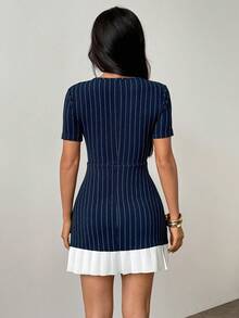 SHEIN PETITE Đầm nữ phối màu cổ tròn tay ngắn kẻ sọc gấu xếp ly thanh lịch cho văn phòng và tiệc cocktail - Màu xanh hải quân - Xem 2