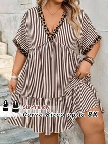SHEIN CURVE+ 大尺碼女款豹紋與條紋拼接V領蝙蝠袖休閒洋裝 - 彩色 - 查看 1