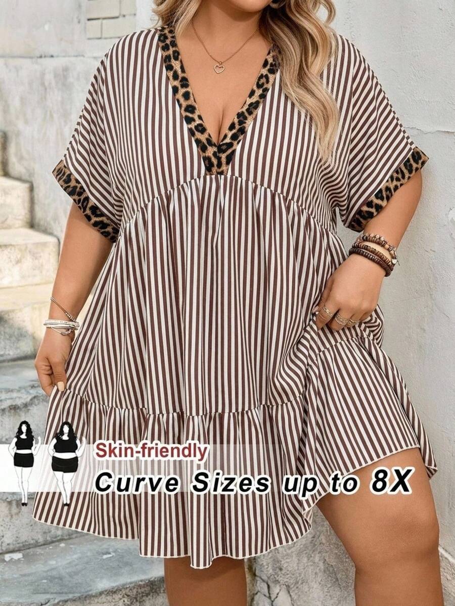 SHEIN CURVE+ 大尺碼女款豹紋與條紋拼接V領蝙蝠袖休閒洋裝 - 彩色 - 查看 1