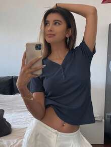 Dazy-Less Solid Color Rib Knit V-Neck Short Sleeve T-Shirt Old Money Style Summer Business Casual Woman Work Clothes - Navy Blue - View 10