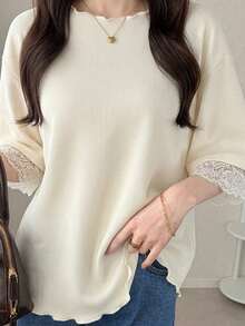 FRIFUL Women's Wavy Frill Trim Striped Loose Colorblock Edge Short Sleeve T-Shirt Summer Top - White - View 6