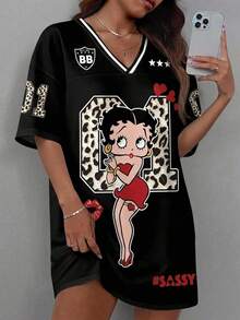 Slaydiva Betty Boop x SHEIN Plus Size Women's Digital Leopard Print V-Neck Loose Casual Dress Suitable For Summer Back-To-School Cycling Holiday Black - Multicolor - View 1