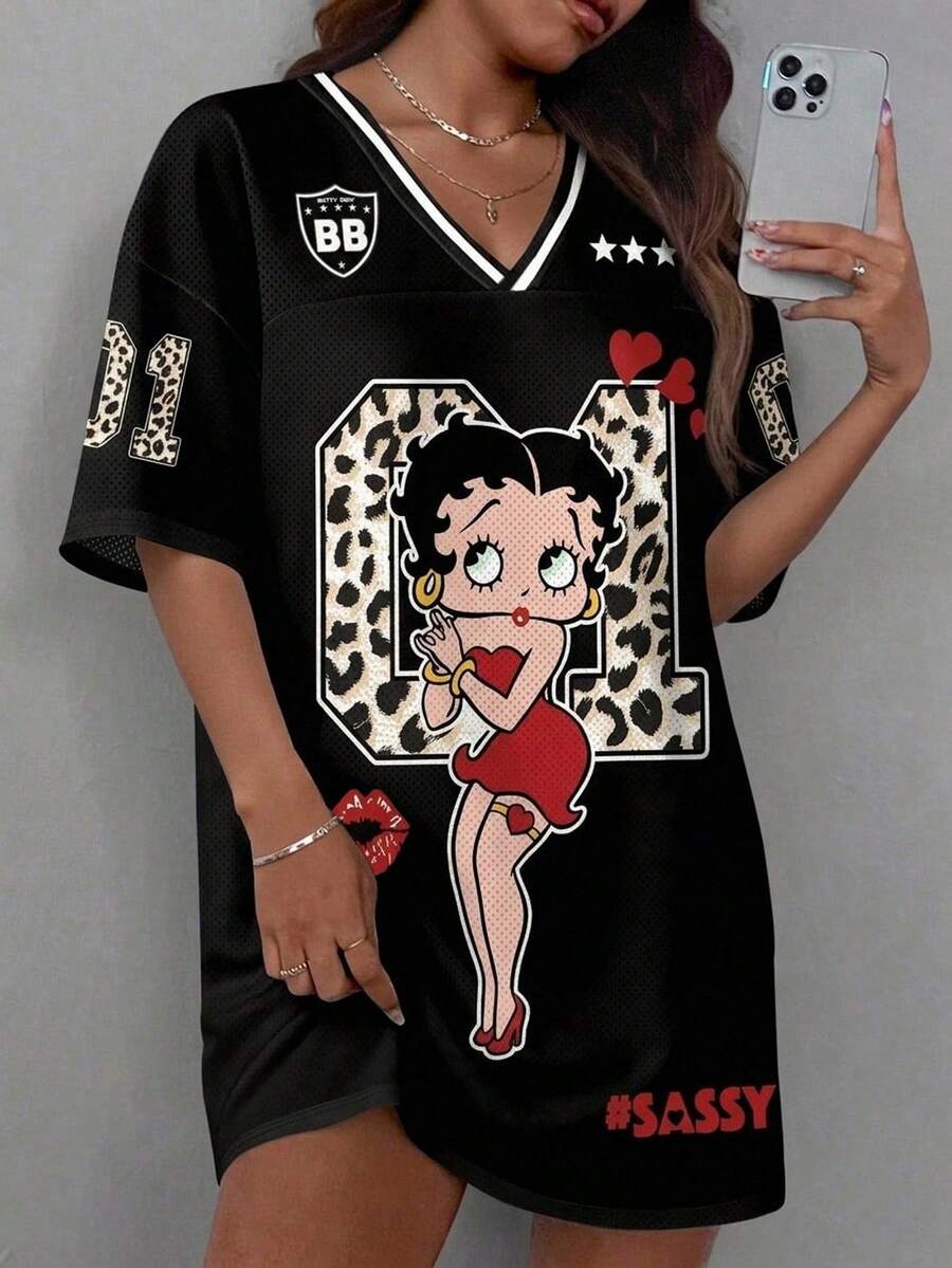 Slaydiva Betty Boop x SHEIN Plus Size Women's Digital Leopard Print V-Neck Loose Casual Dress Suitable For Summer Back-To-School Cycling Holiday Black - Multicolor - View 1