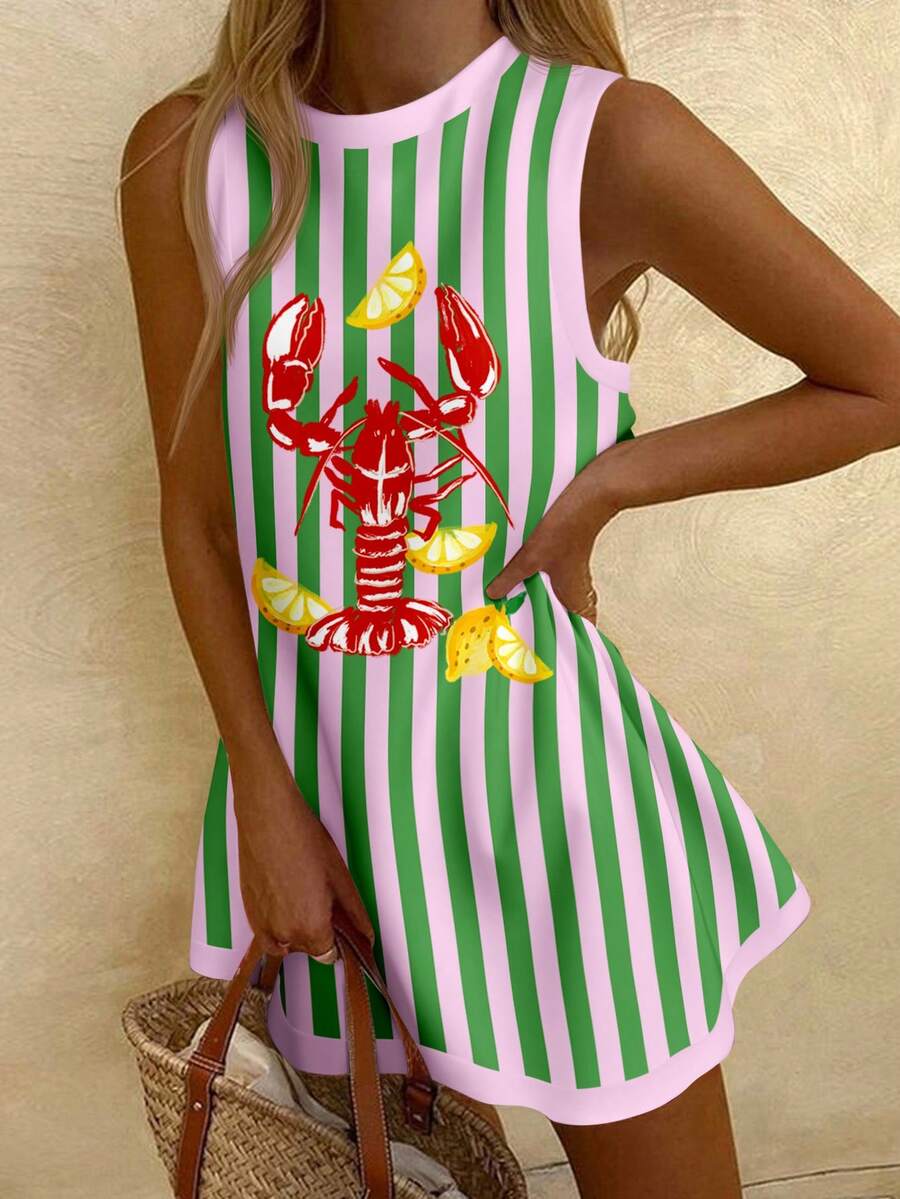 SHEIN EZwear Casual Minimalist Vacation Style Fun Lobster Striped Placement Print Pattern Pink Background Contrast Green Striped Women's Dress Suitable For Spring/Summer Vacation Fun Quirky Cute Style Beach - White - View 1